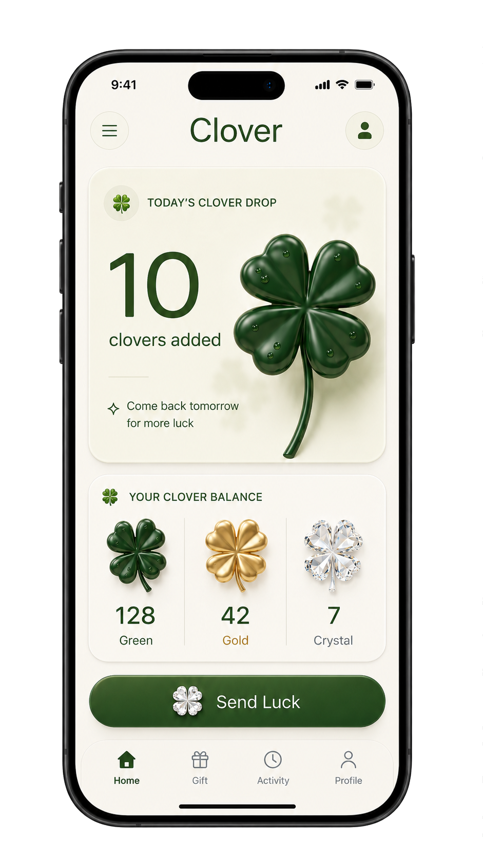 Clover Daily Drop screen showing ten daily green clovers.