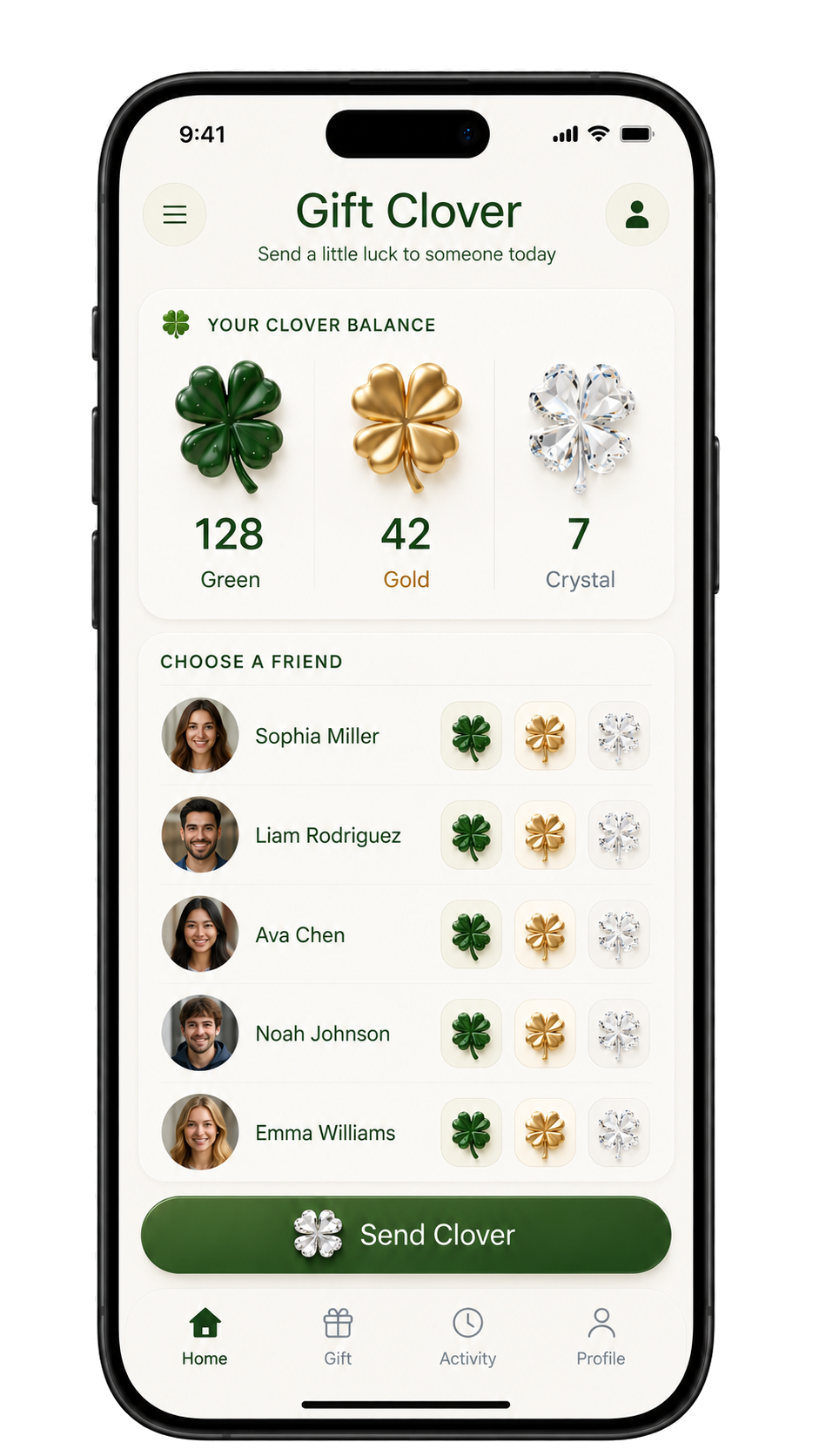 Clover gifting screen showing green, gold, and crystal clover options.
