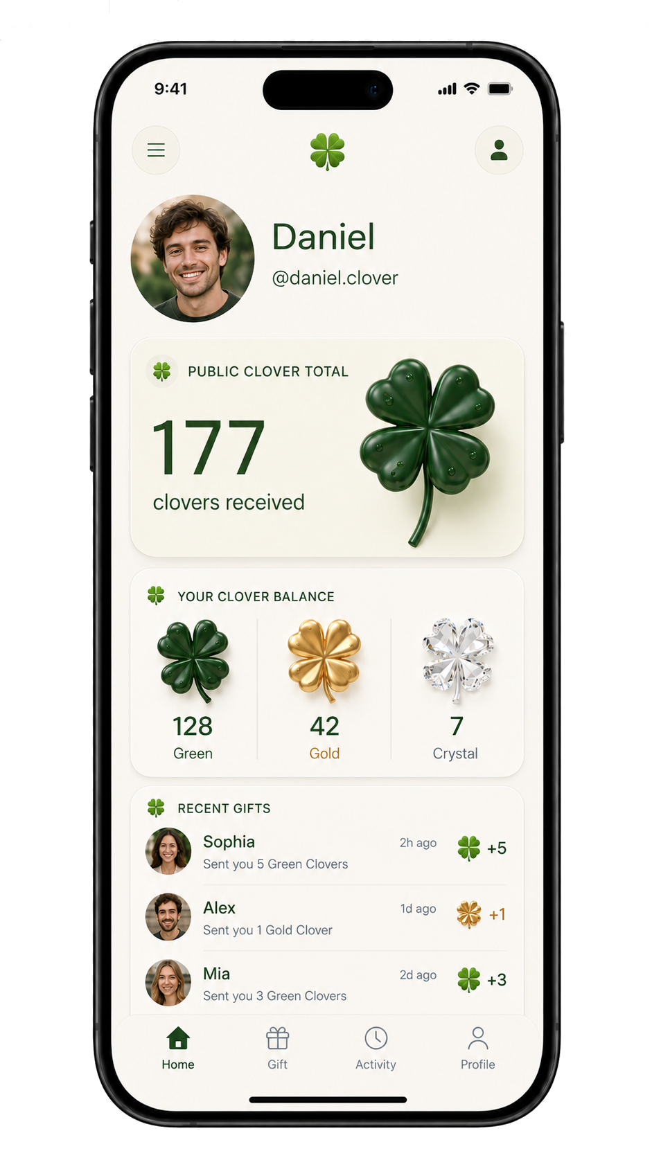 Clover public profile screen showing total luck and rare clovers.