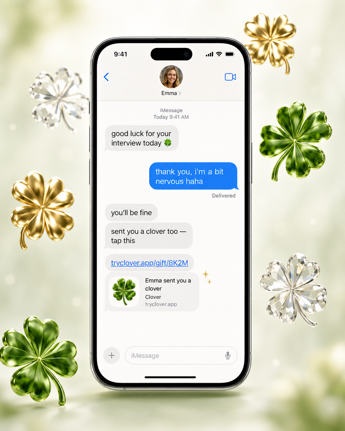 Clover message screen showing a luck gift from a friend.